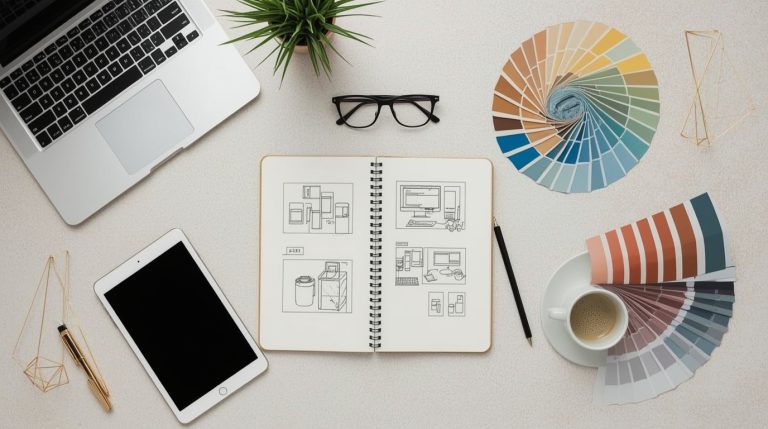 Top-down view of a creative designer’s workspace with color swatches, sketchbook, laptop, and a cup of tea – Melanie Sanchez Design